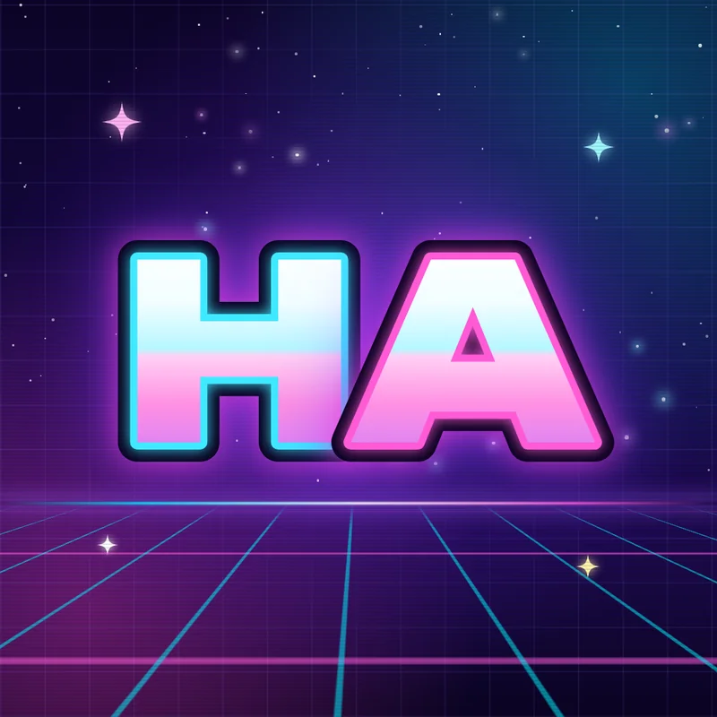 HolosuiteArcade HA monogram logo: neon gradient letters over a synthwave grid